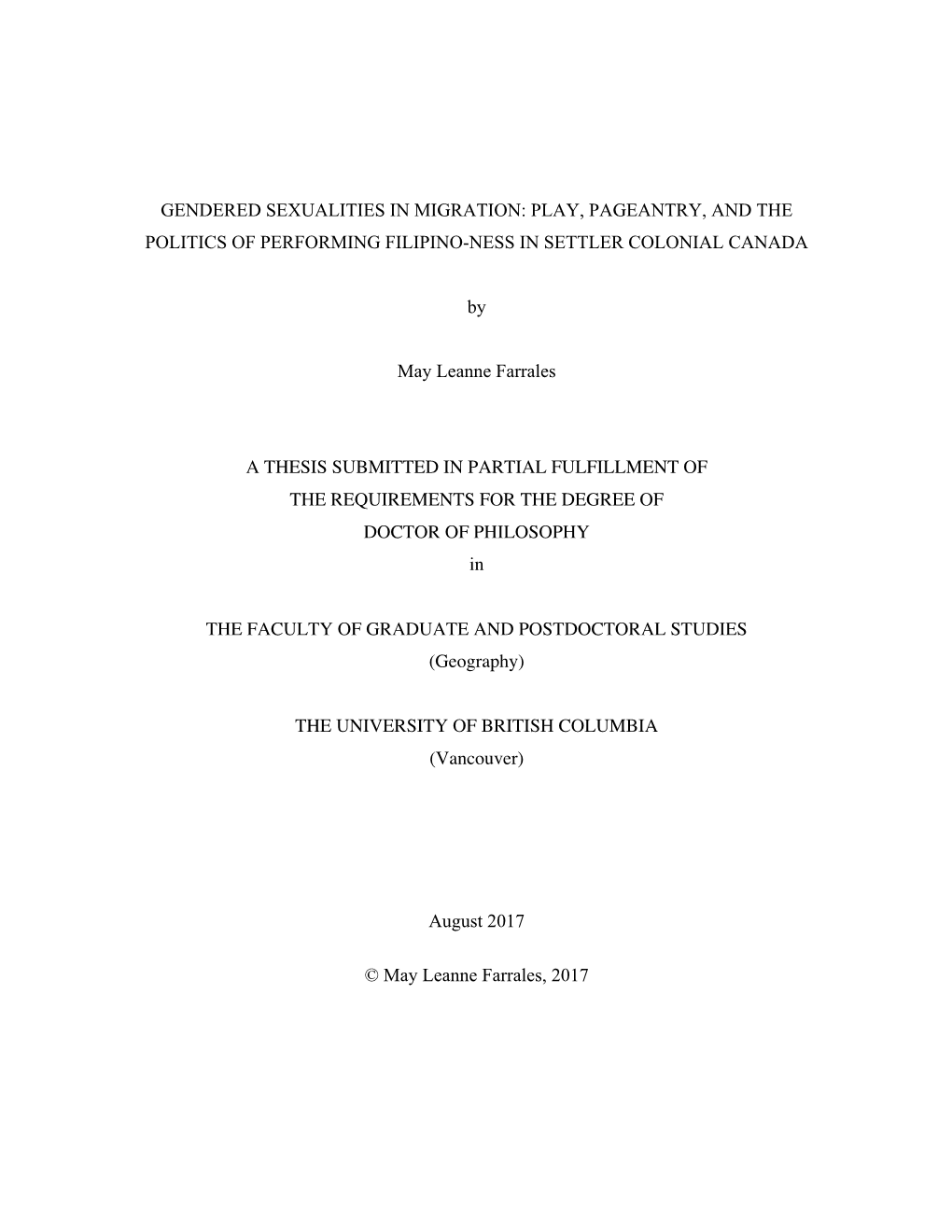 Gendered Sexualities in Migration: Play, Pageantry, and the Politics of Performing Filipino-Ness in Settler Colonial Canada