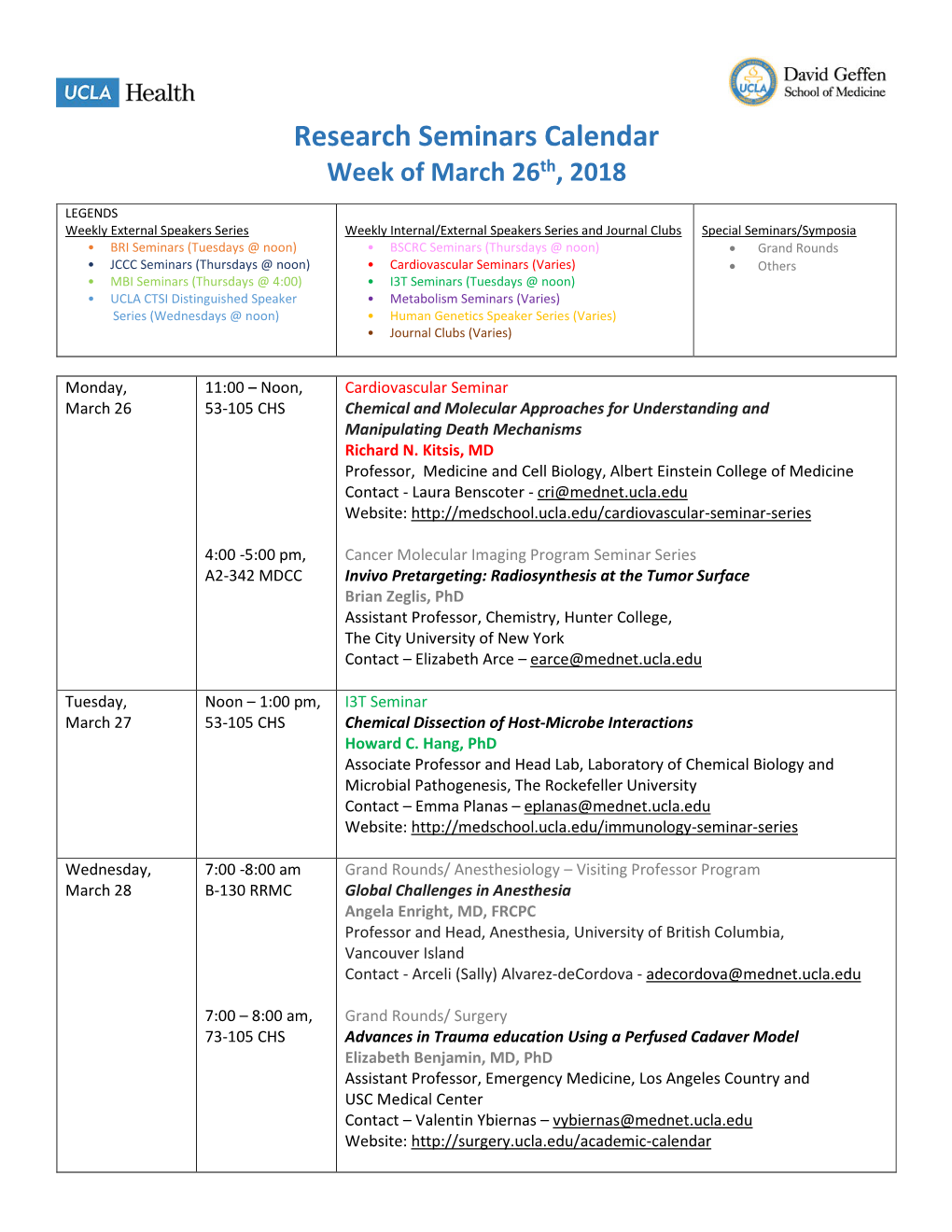 Resarch Seminars March 26 Thru April 6, 2018