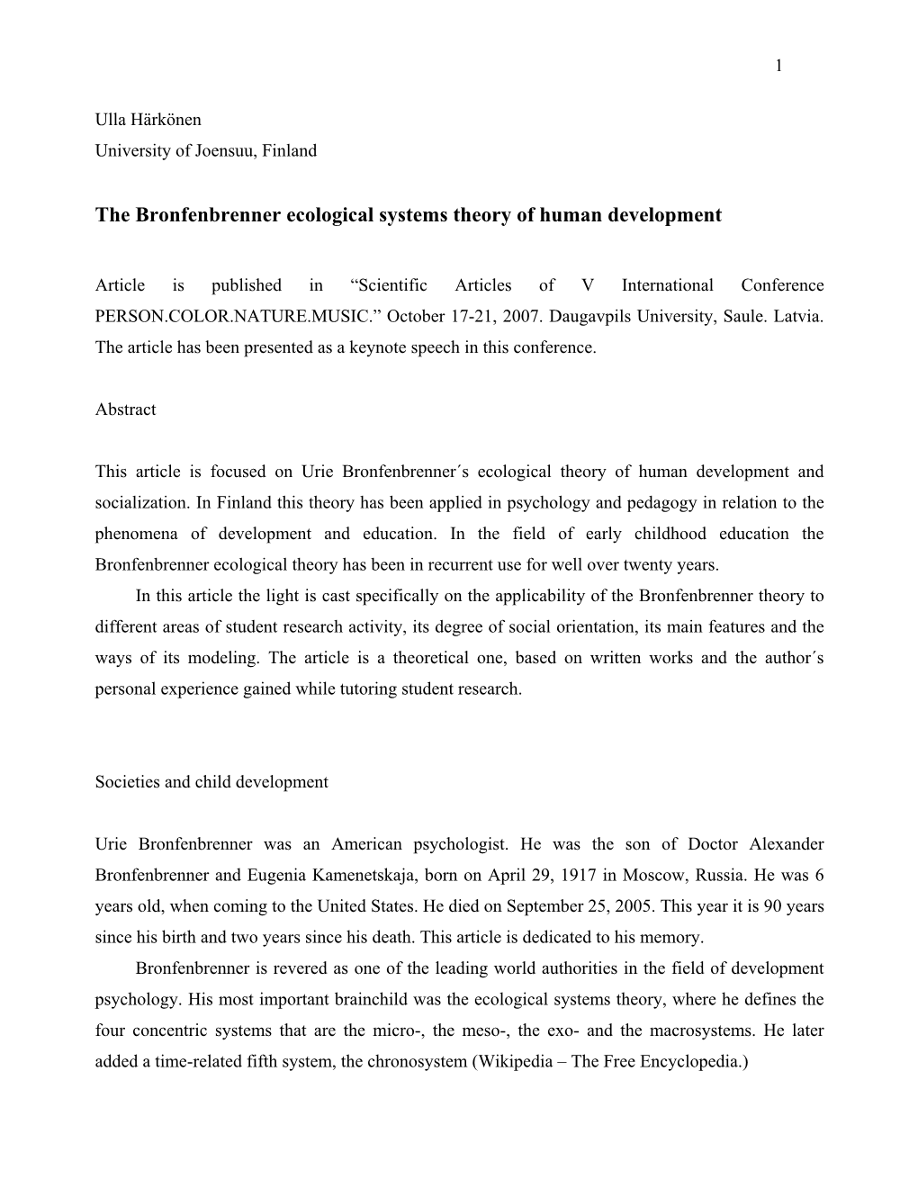 Bronfenbrenner Ecological Systems Theory of Human Development