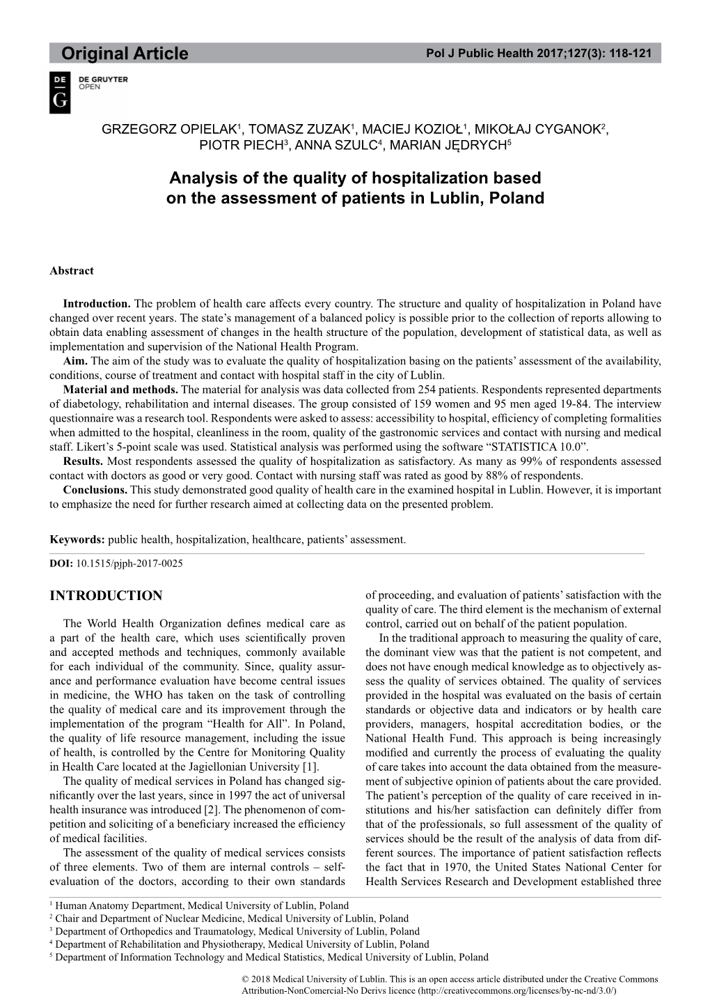 Analysis of the Quality of Hospitalization Based on the Assessment of Patients in Lublin, Poland