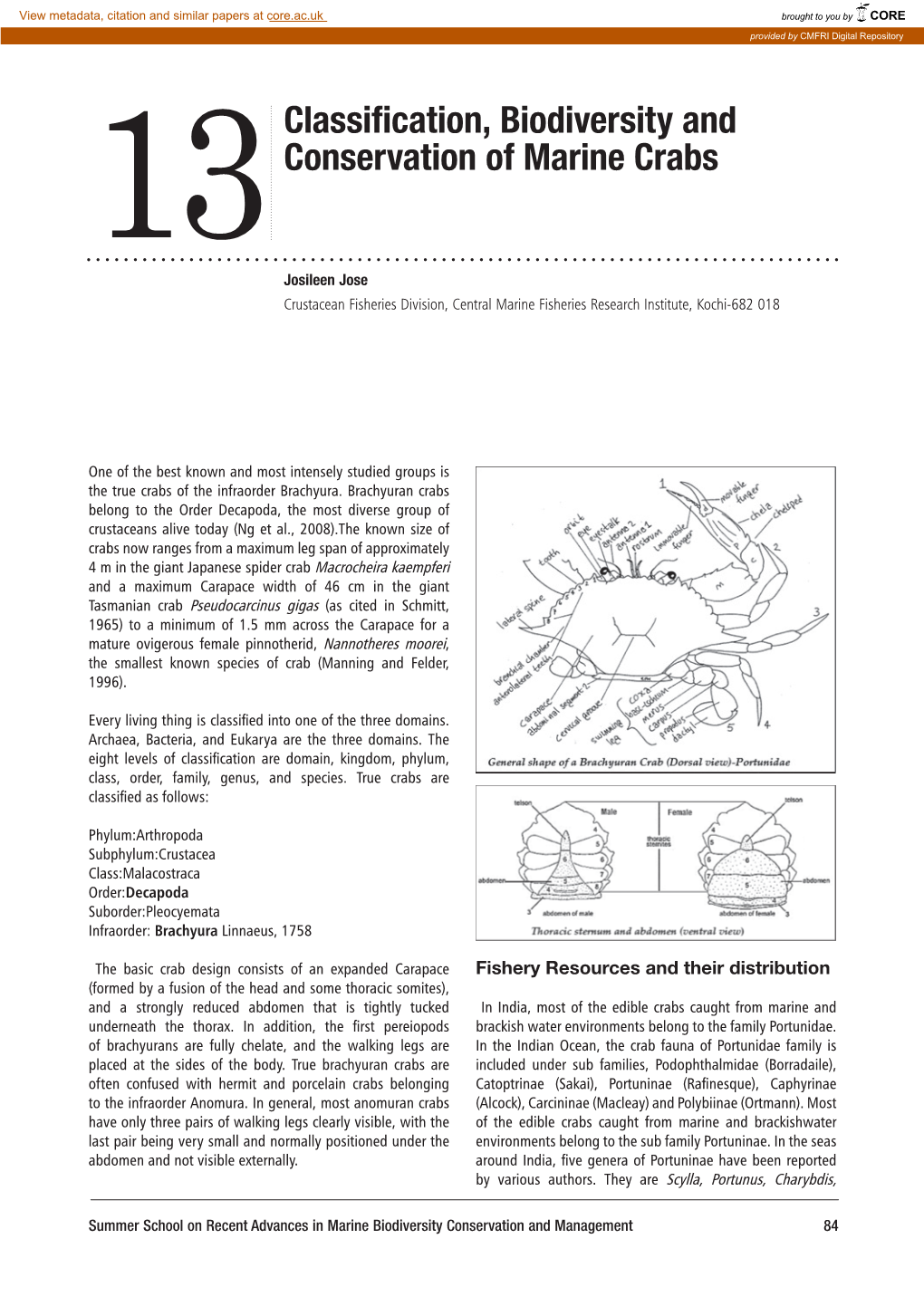 Classification, Biodiversity and Conservation of Marine Crabs