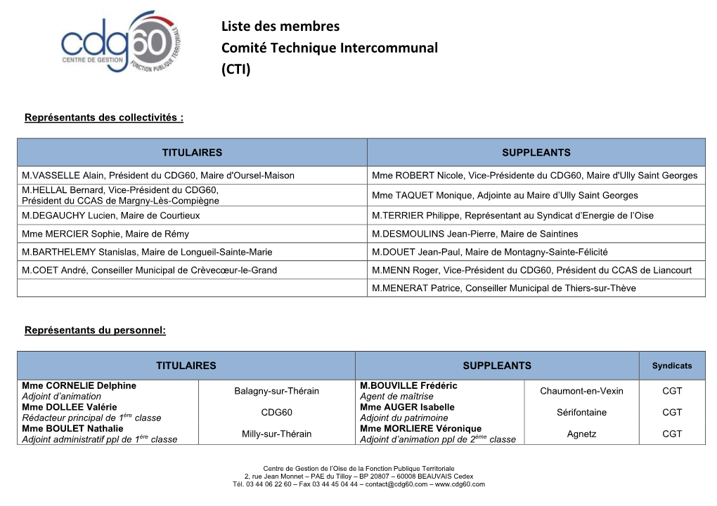 Liste Des Membres Comité Technique Intercommunal (CTI)