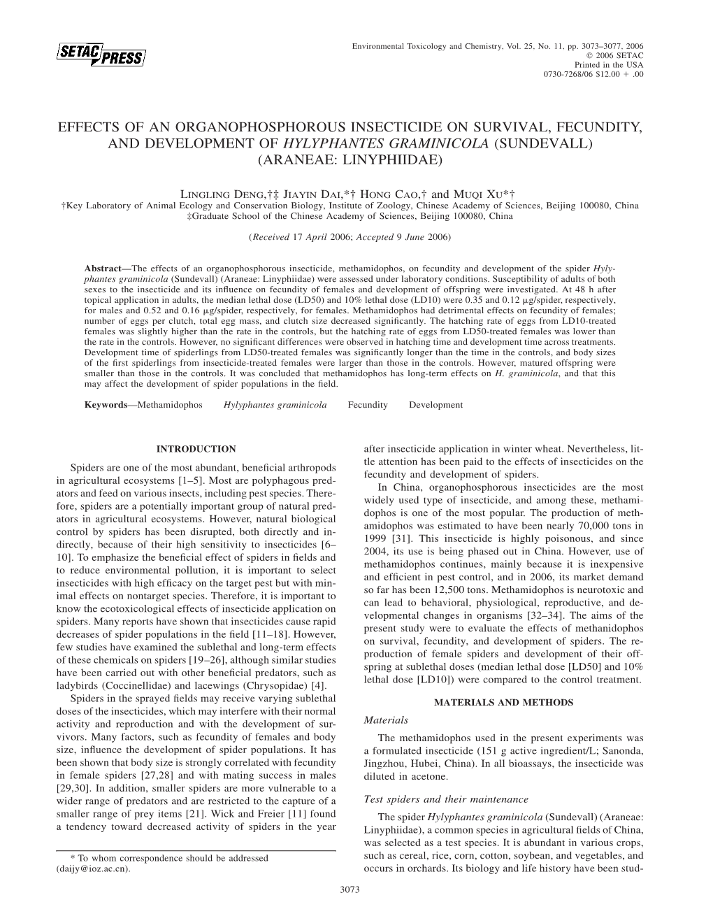 Effects of an Organophosphorous Insecticide on Survival, Fecundity, and Development of Hylyphantes Graminicola (Sundevall) (Araneae: Linyphiidae)