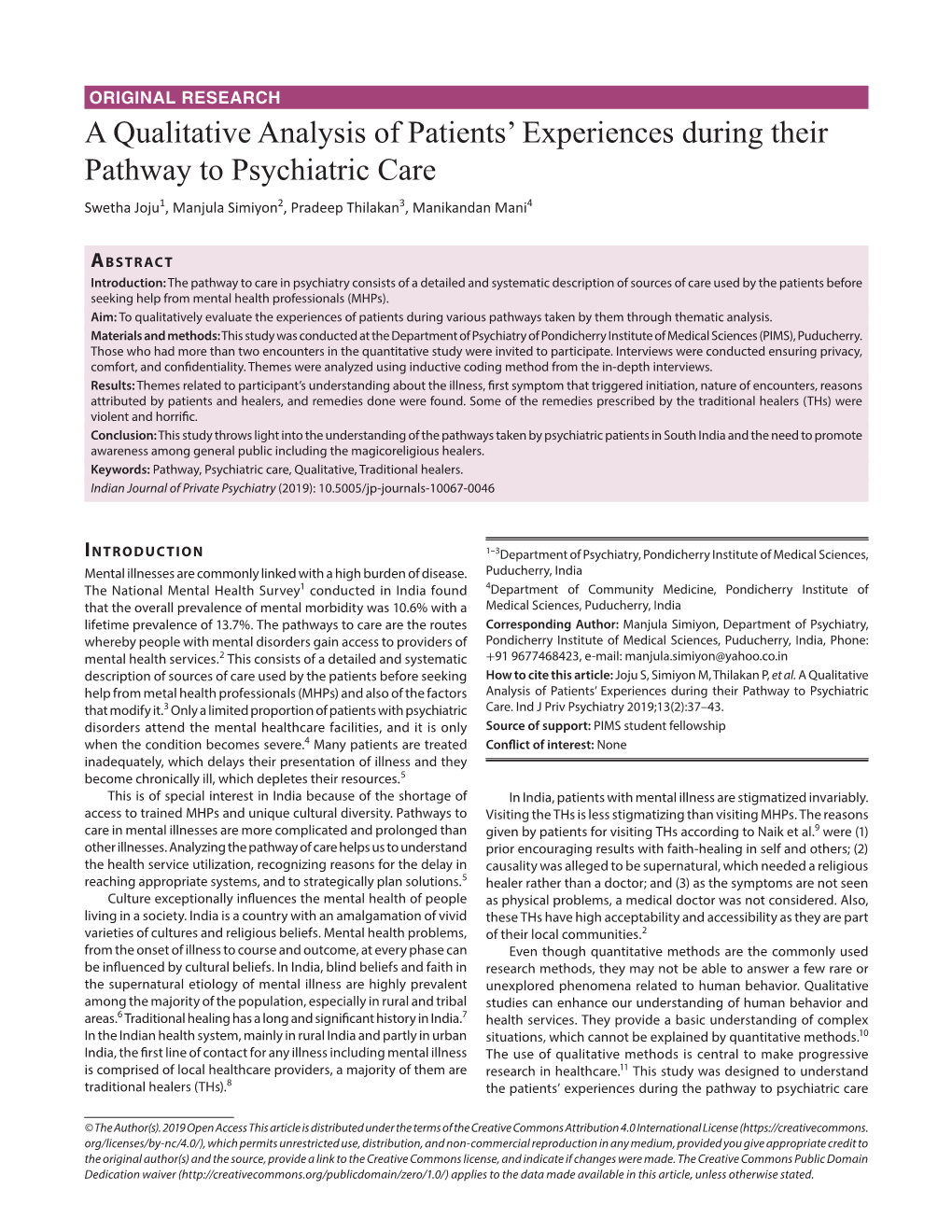 A Qualitative Analysis of Patients' Experiences During Their Pathway to Psychiatric Care