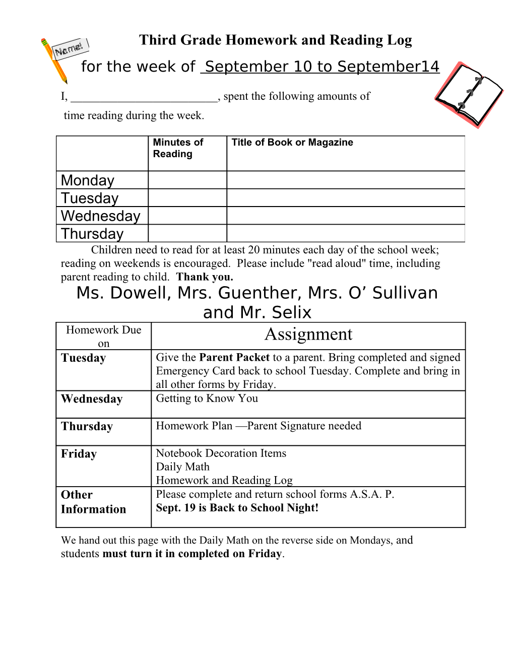 Third Grade Homework and Reading Log