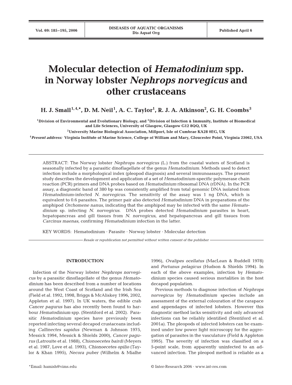 Molecular Detection of Hematodinium Spp. in Norway Lobster Nephrops Norvegicus and Other Crustaceans