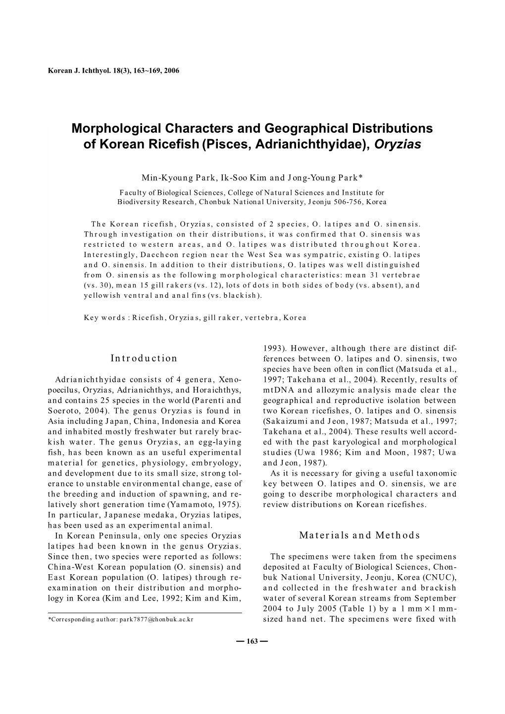 Morphological Characters and Geographical Distributions of Korean Ricefish (Pisces, Adrianichthyidae), Oryzias