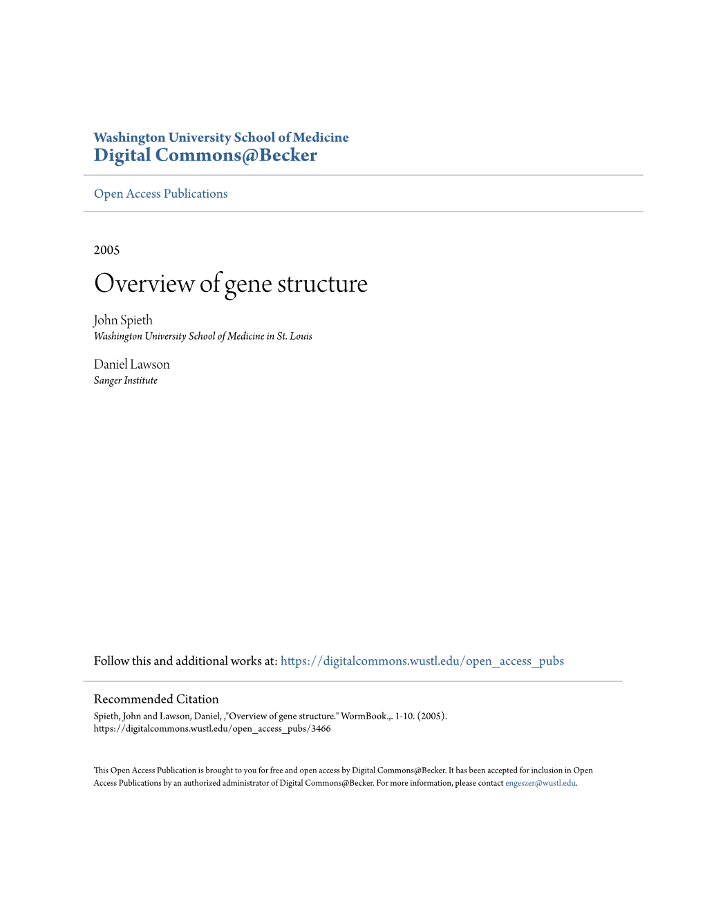 Overview of Gene Structure John Spieth Washington University School of Medicine in St
