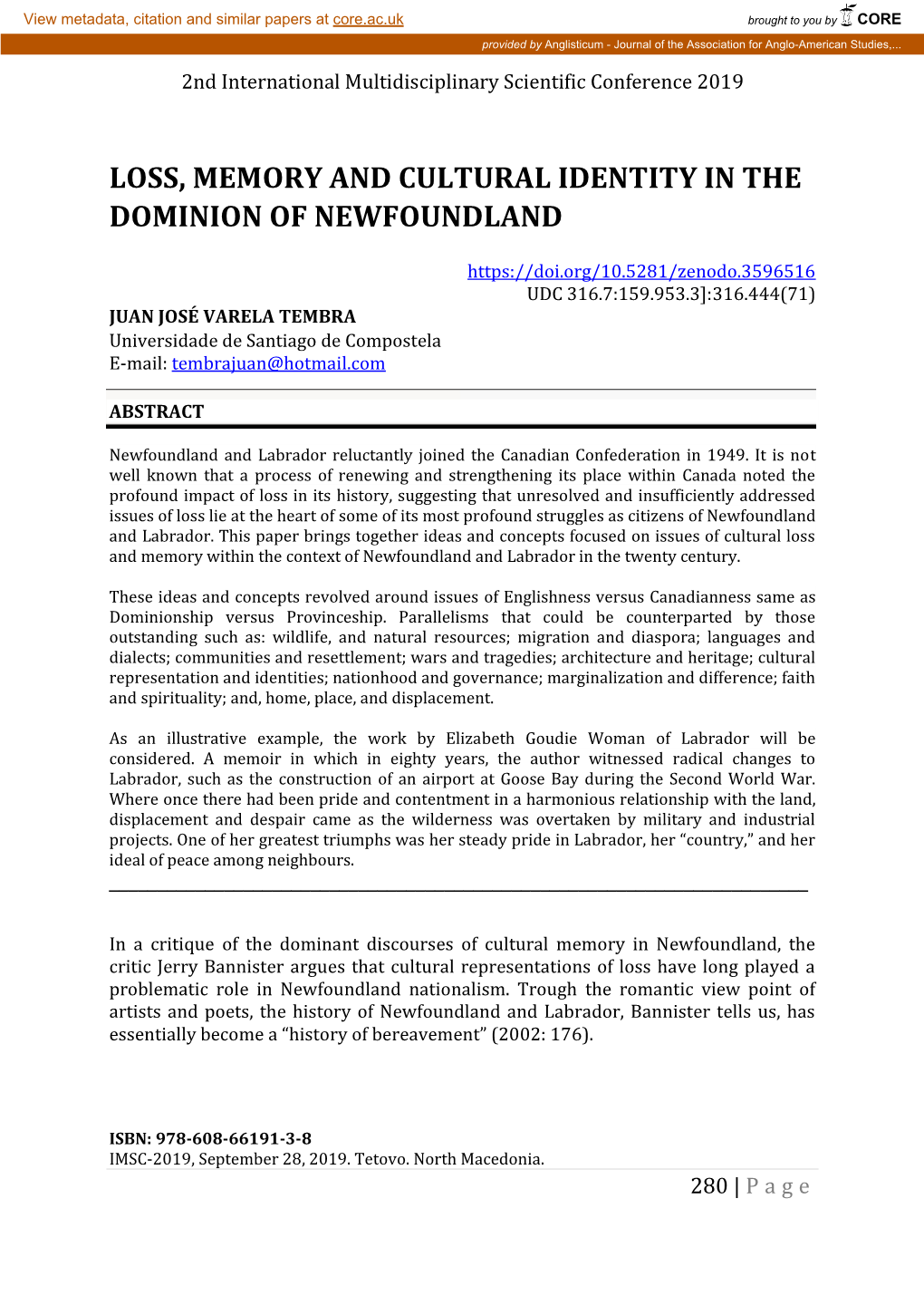 Loss, Memory and Cultural Identity in the Dominion of Newfoundland