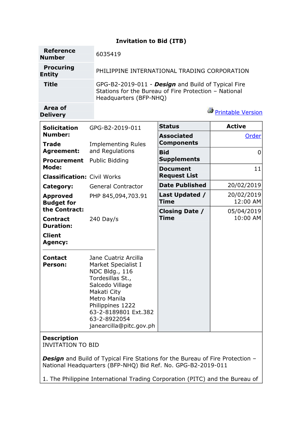 Invitation to Bid (ITB) Reference Number 6035419 Procuring Entity