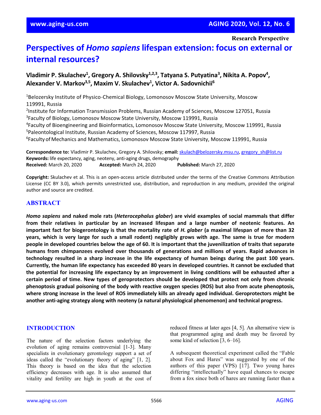 Perspectives of Homo Sapiens Lifespan Extension: Focus on External Or Internal Resources?