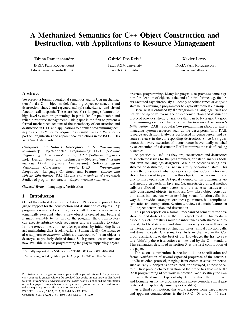 A Mechanized Semantics for C++ Object Construction and Destruction, with Applications to Resource Management