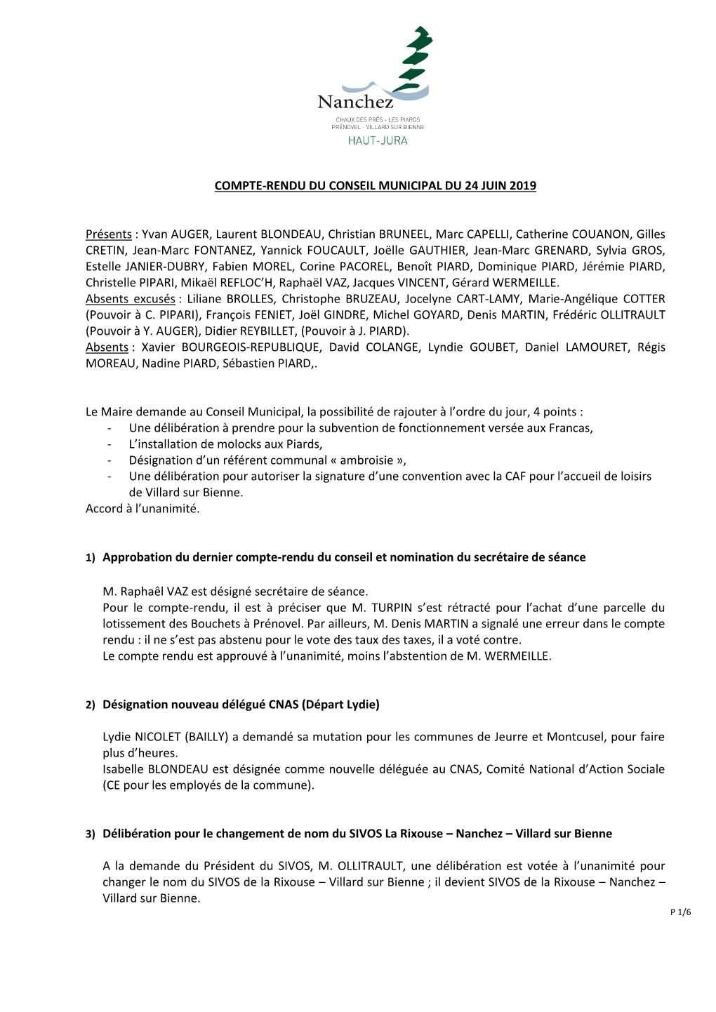 COMPTE-RENDU DU CONSEIL MUNICIPAL DU 24 JUIN 2019 Présents : Yvan AUGER, Laurent BLONDEAU, Christian BRUNEEL, Marc CAPELLI