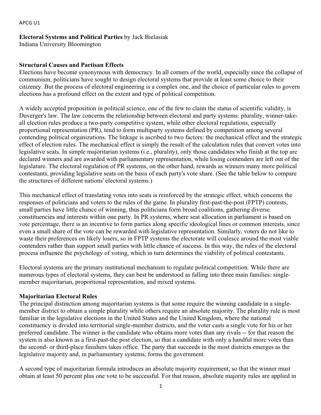 Electoral Systems and Political Parties by Jack Bielasiak Indiana University Bloomington