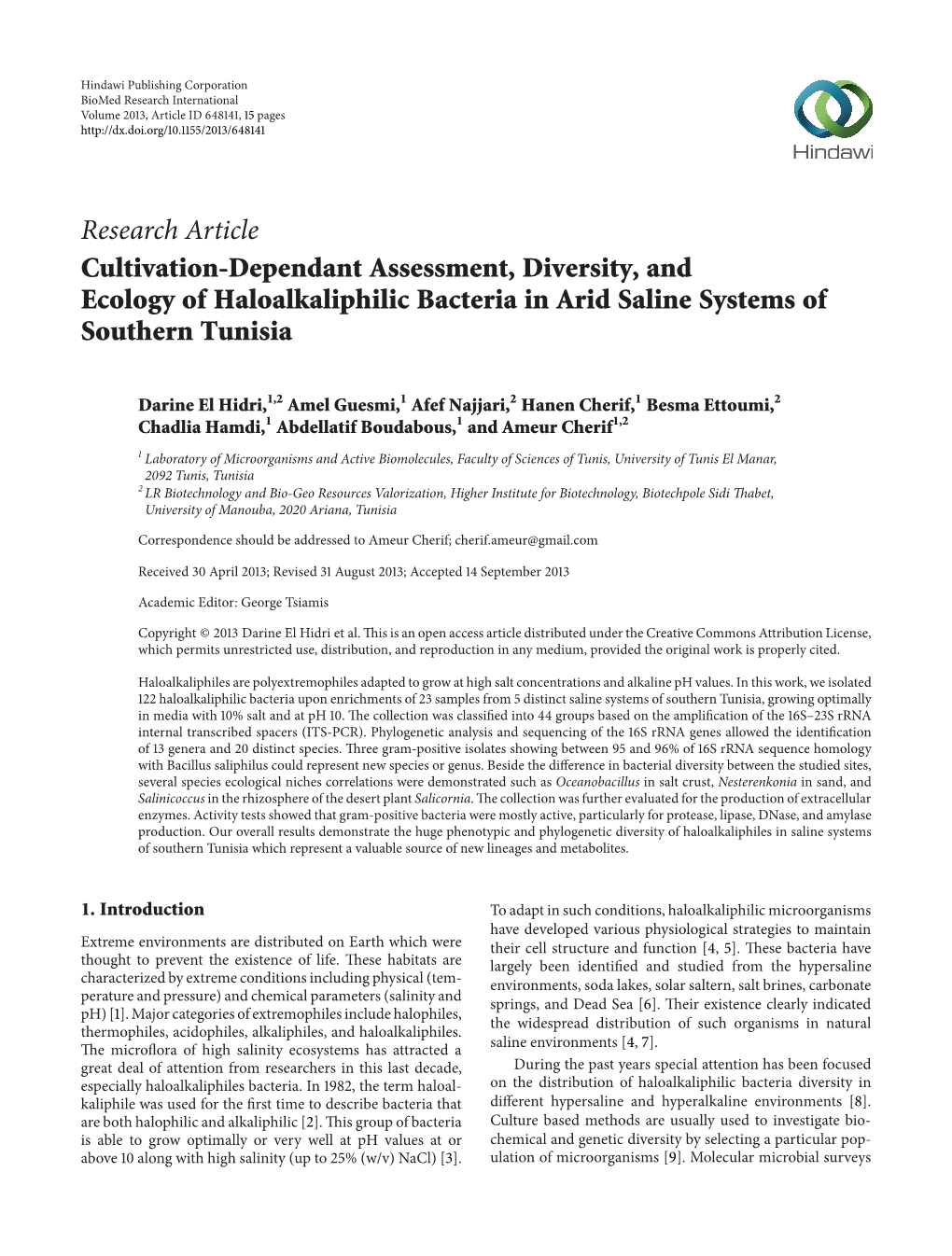 Cultivation-Dependant Assessment, Diversity, and Ecology of Haloalkaliphilic Bacteria in Arid Saline Systems of Southern Tunisia