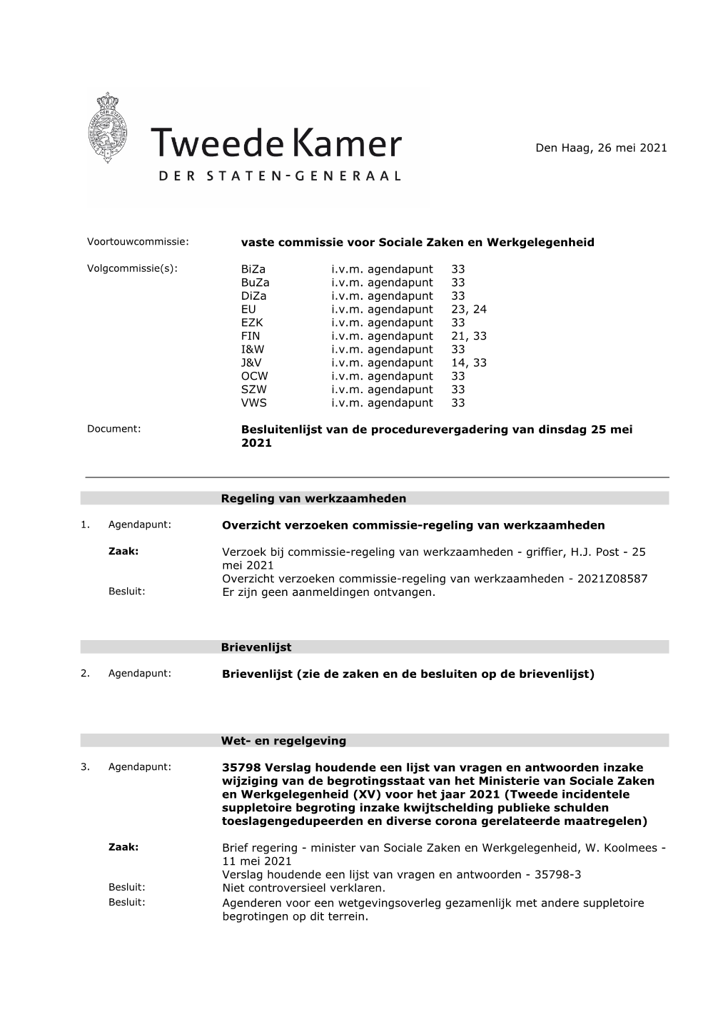 Besluitenlijst Procedurevergadering Vc