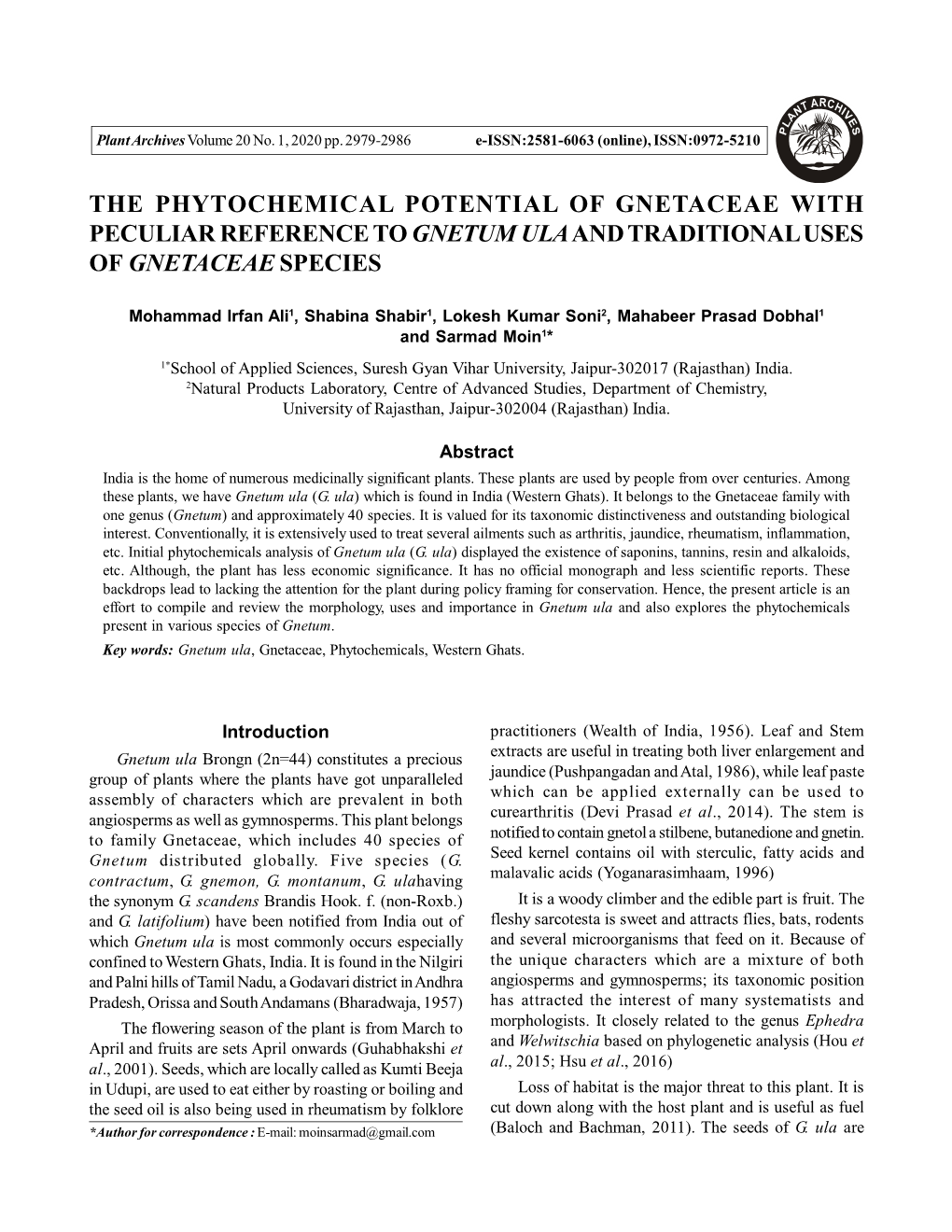 The Phytochemical Potential of Gnetaceae with Peculiar Reference to Gnetum Ula and Traditional Uses of Gnetaceae Species