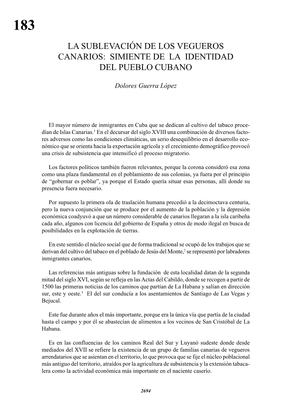 La Sublevación De Los Vegueros Canarios: Simiente De La Identidad Del Pueblo Cubano