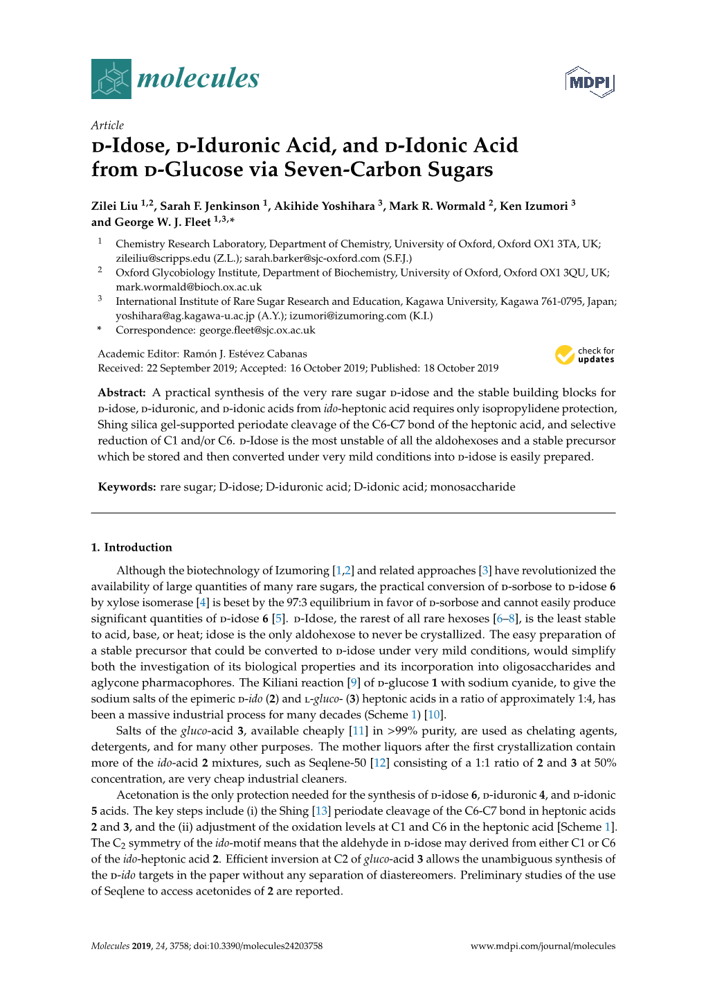 D-Idose, D-Iduronic Acid, and D-Idonic Acid from D-Glucose Via Seven-Carbon Sugars