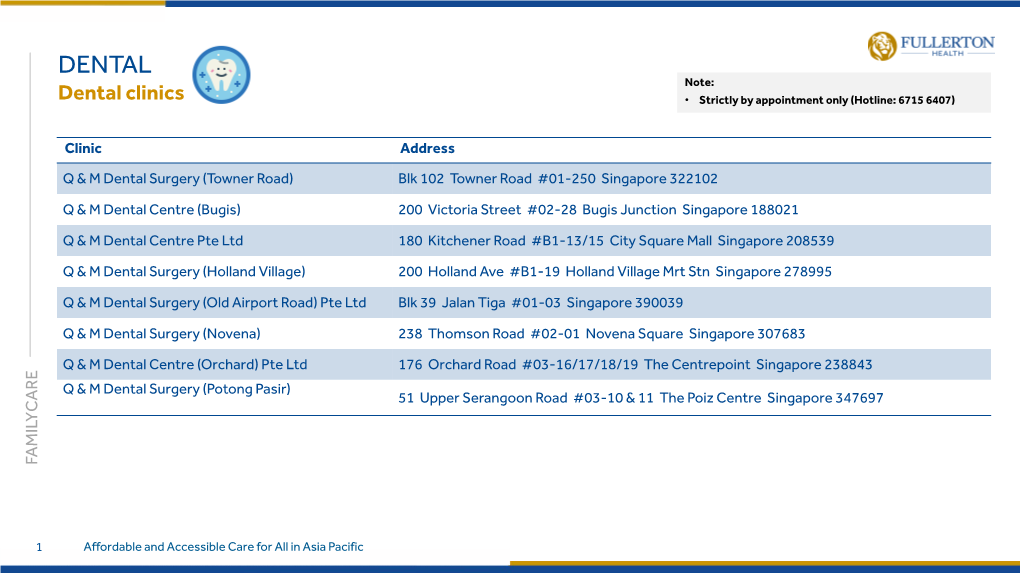 DENTAL Note: Dental Clinics • Strictly by Appointment Only (Hotline: 6715 6407)