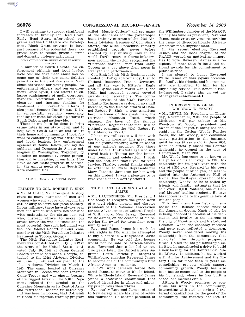 CONGRESSIONAL RECORD—SENATE November 14, 2000 I Will Continue to Support Significant Called ‘‘Muscle College’’ and Set Many the Willingboro Chapter of the NAACP