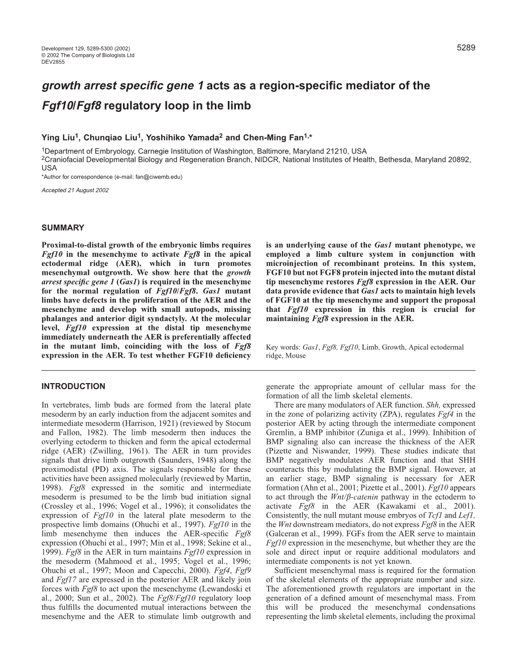 Gas1 Regulates Fgf8 and Fgf10 in the Limb 5291