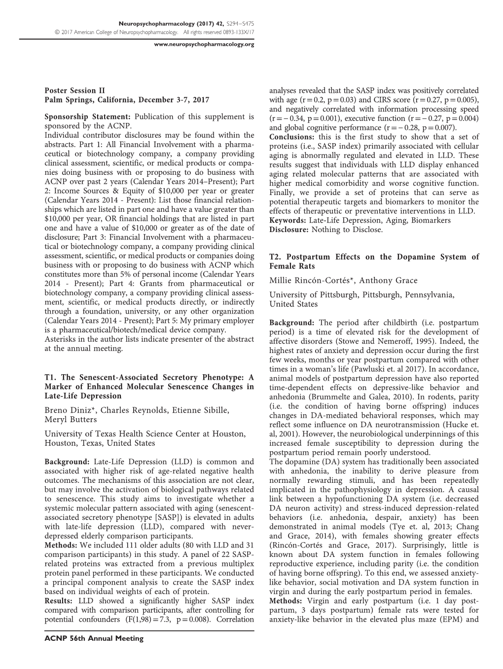 ACNP 56Th Annual Meeting: Poster Session II, December 5, 2017