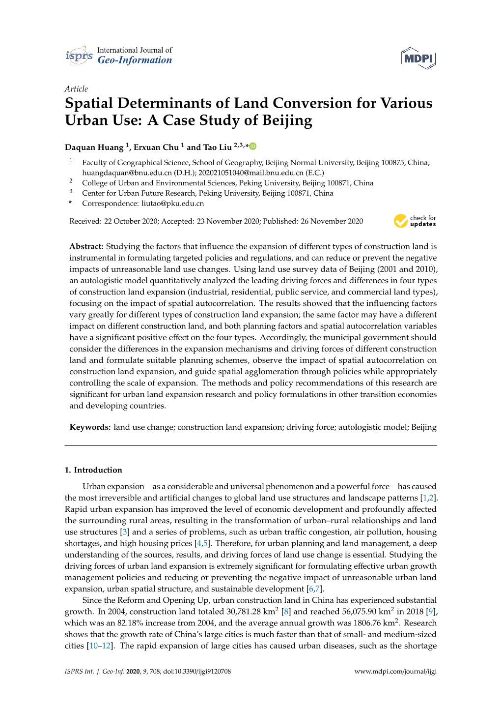 Spatial Determinants of Land Conversion for Various Urban Use: a Case Study of Beijing
