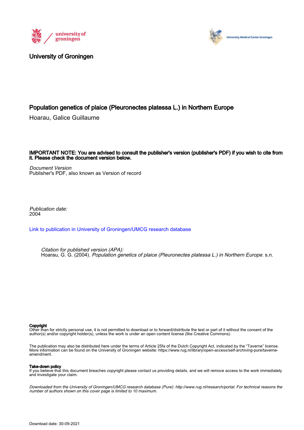 University of Groningen Population Genetics of Plaice (Pleuronectes Platessa