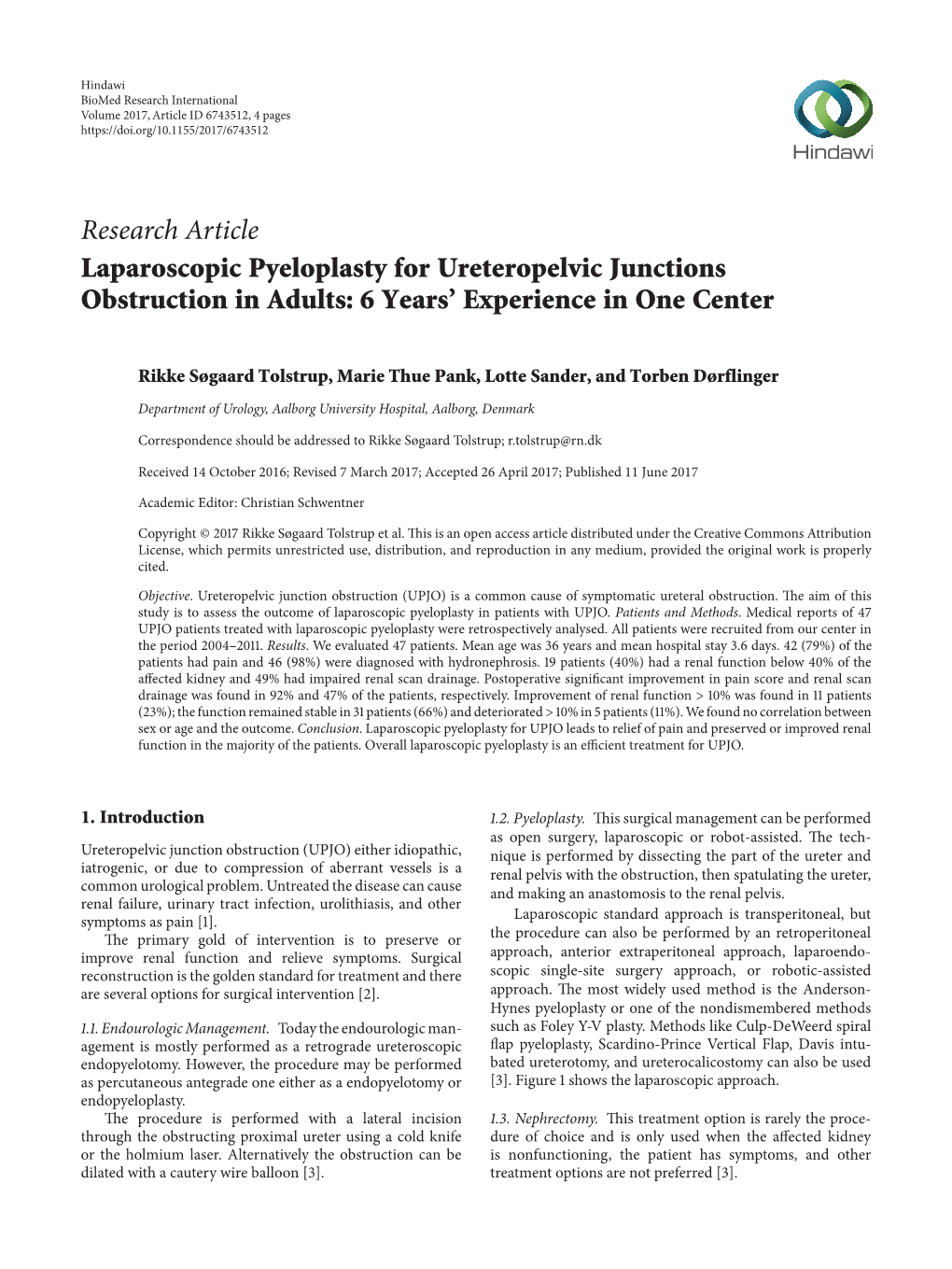 Laparoscopic Pyeloplasty for Ureteropelvic Junctions Obstruction in Adults: 6 Years’ Experience in One Center