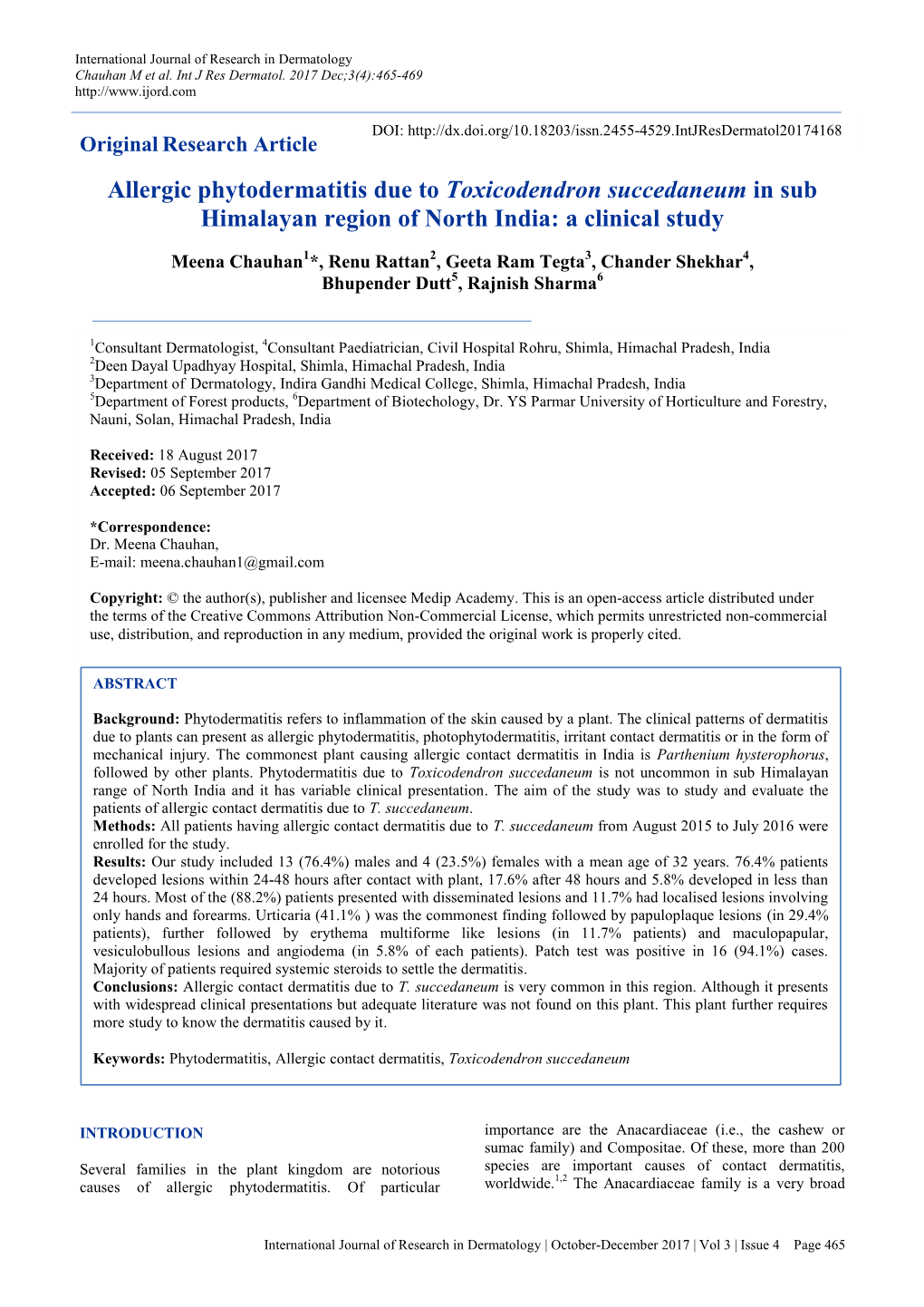 Allergic Phytodermatitis Due to Toxicodendron Succedaneum in Sub Himalayan Region of North India: a Clinical Study