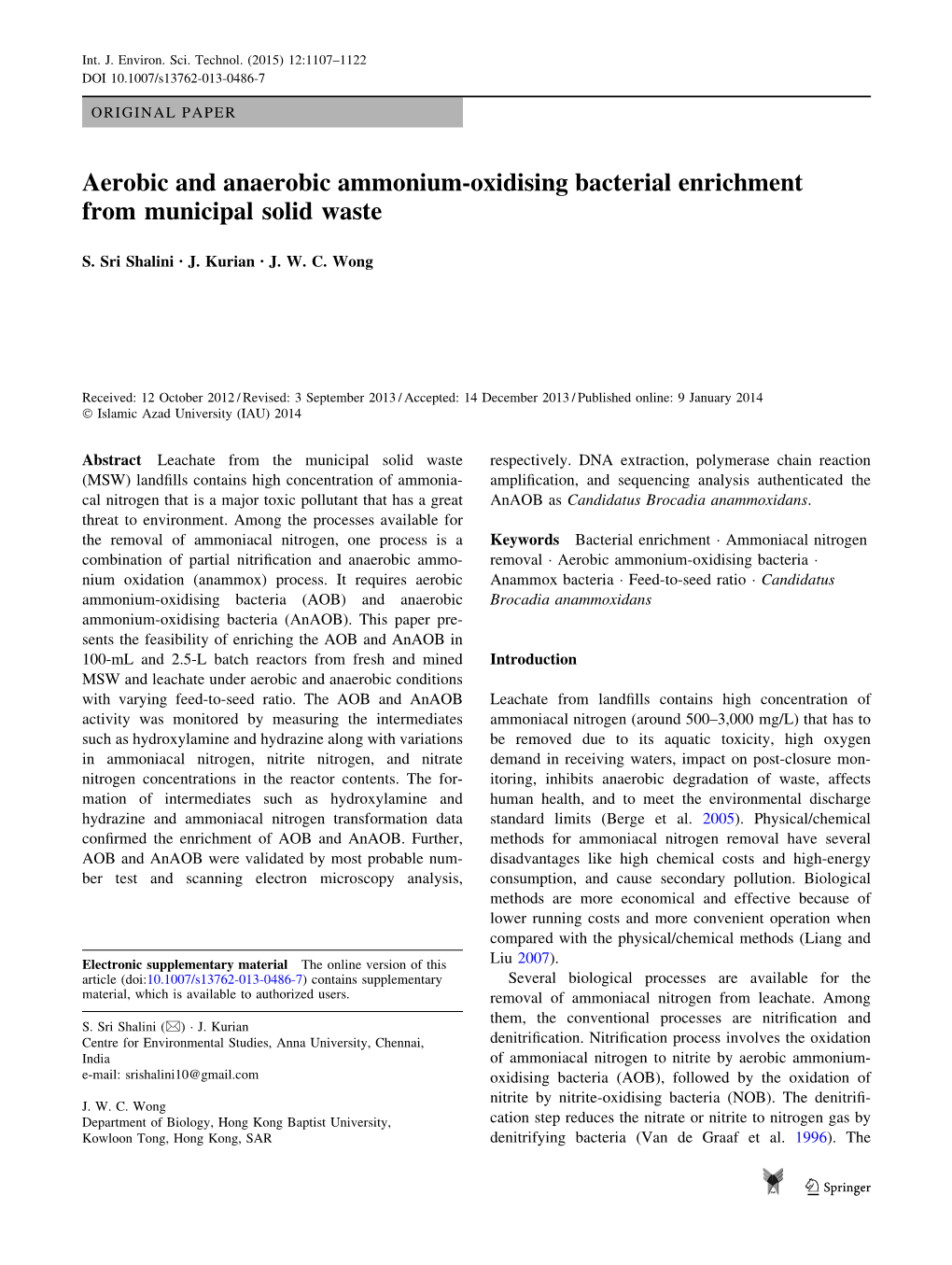 Aerobic and Anaerobic Ammonium-Oxidising Bacterial Enrichment from Municipal Solid Waste