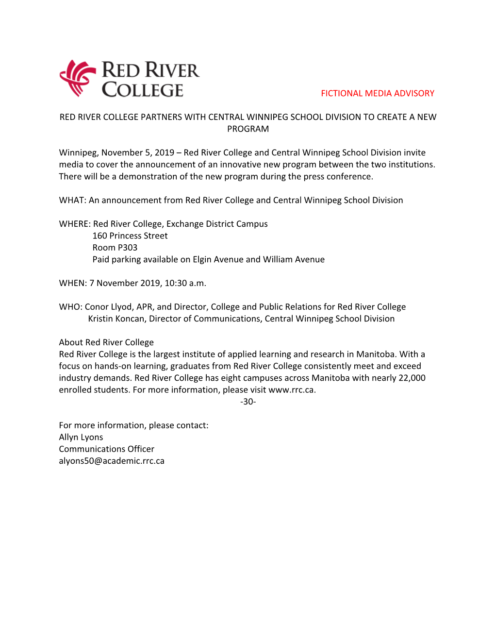 Fictional Media Advisory Red River College Partners