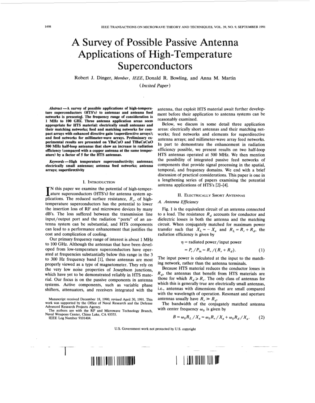 A Survey of Possible Passive Antenna Applications of High-Temperature Superconductors Robert J