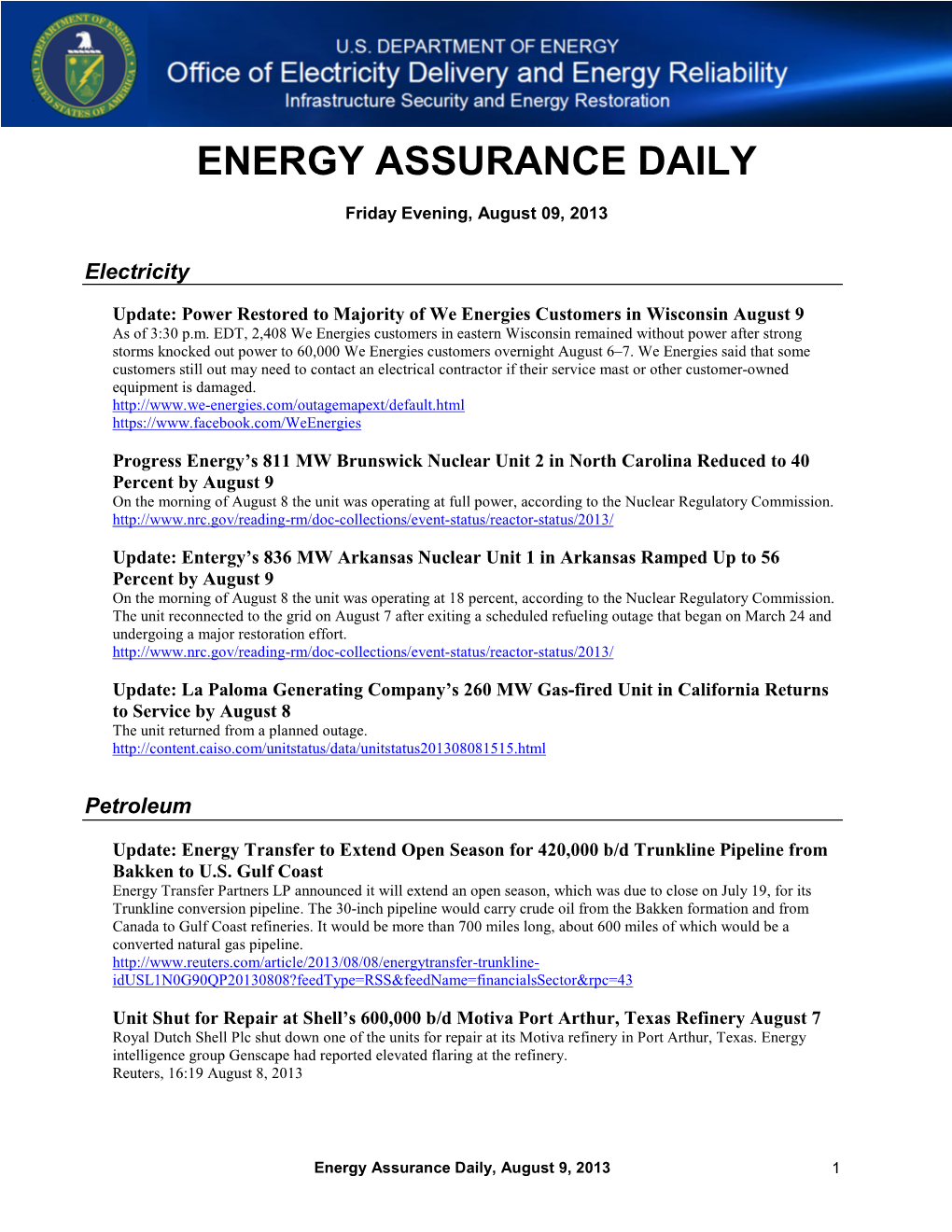 Energy Assurance Daily