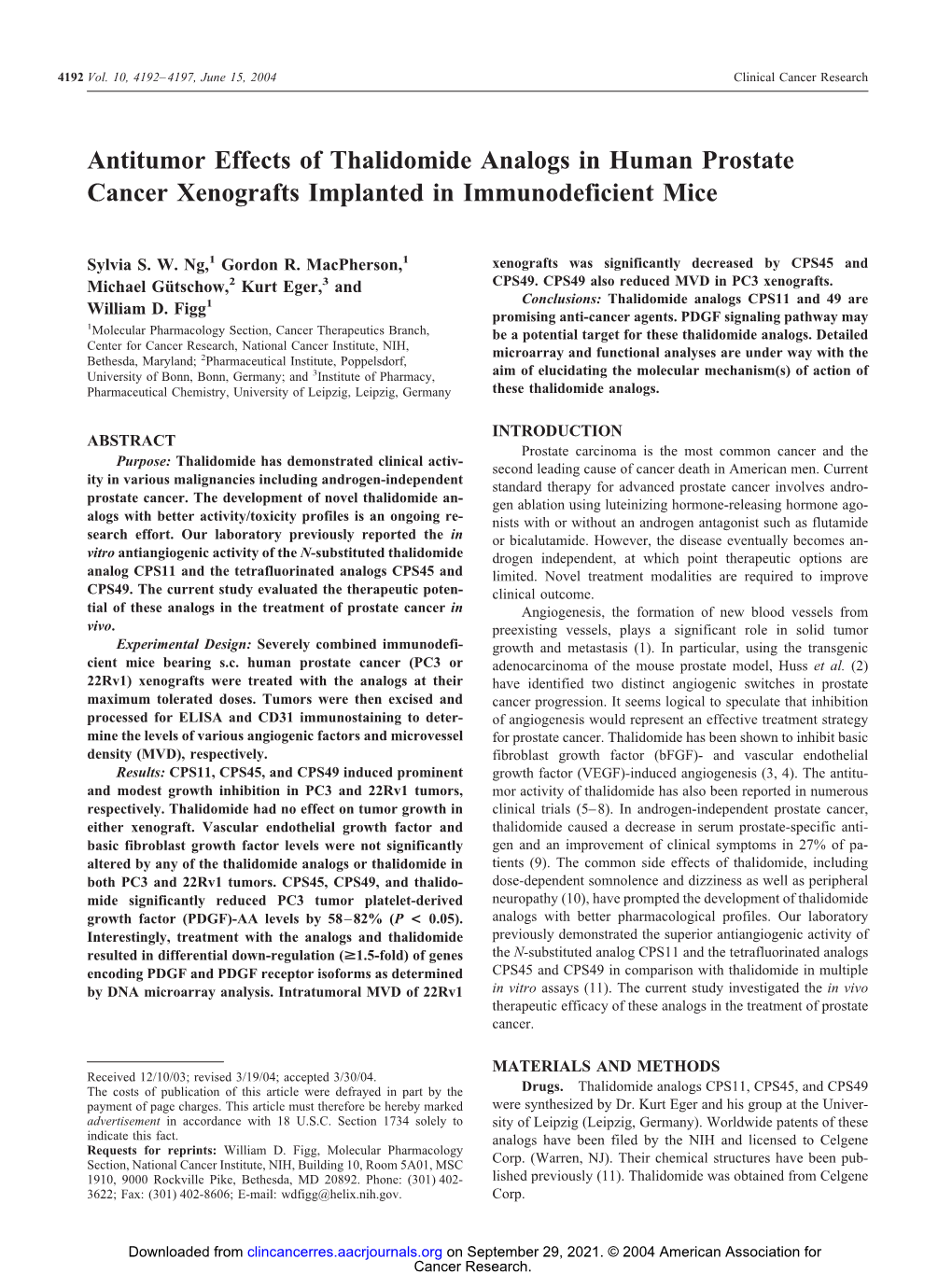 Antitumor Effects of Thalidomide Analogs in Human Prostate Cancer Xenografts Implanted in Immunodeficient Mice