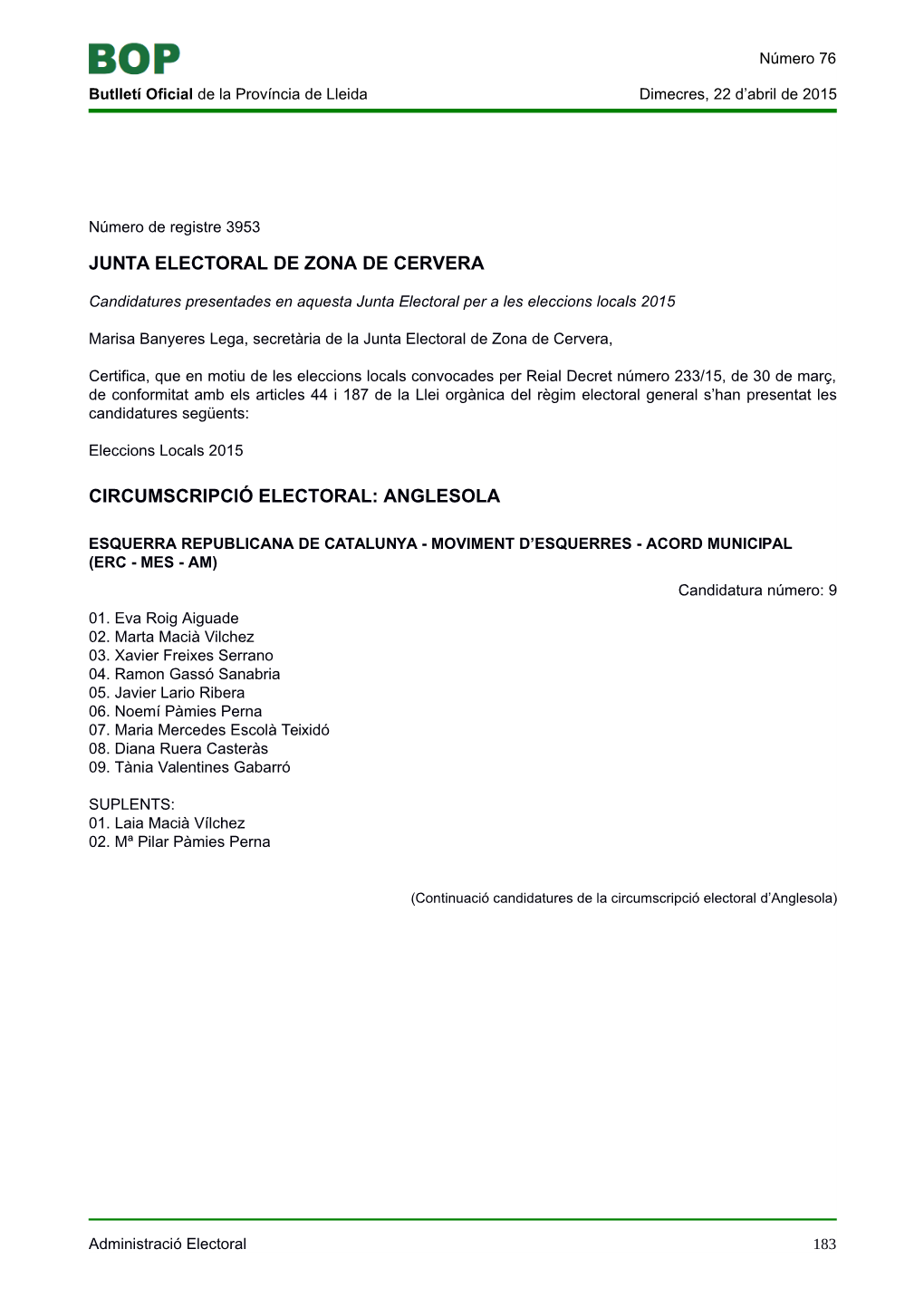 Junta Electoral De Zona De Cervera Circumscripció Electoral: Anglesola
