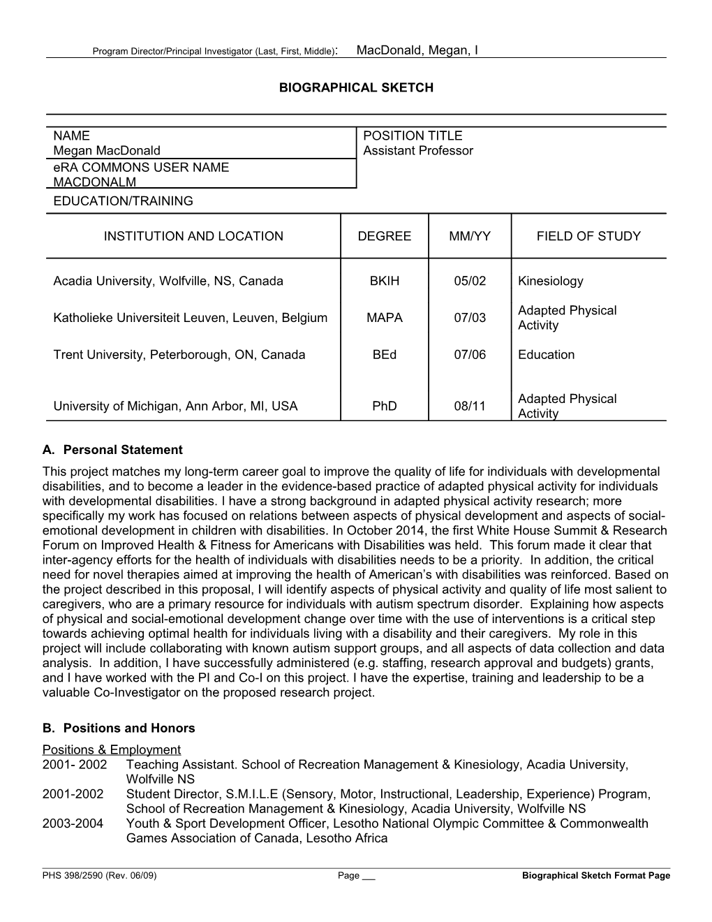 PHS 398/2590 (Rev. 06/09), Biographical Sketch Format Page