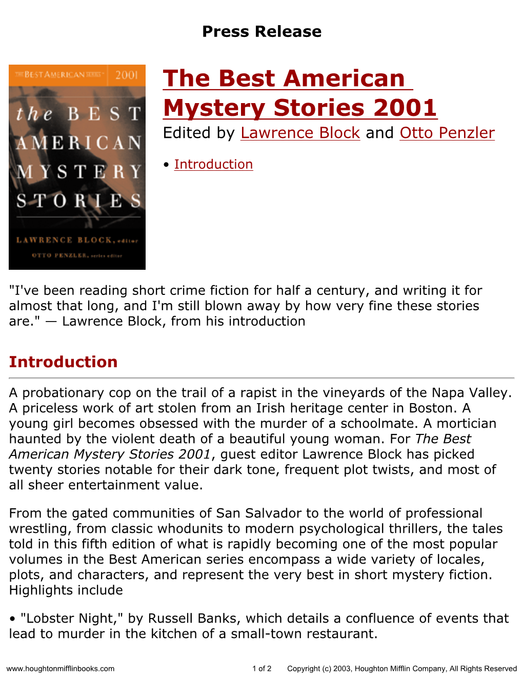 Press Release for the Best American Mystery Stories 2001 Published By