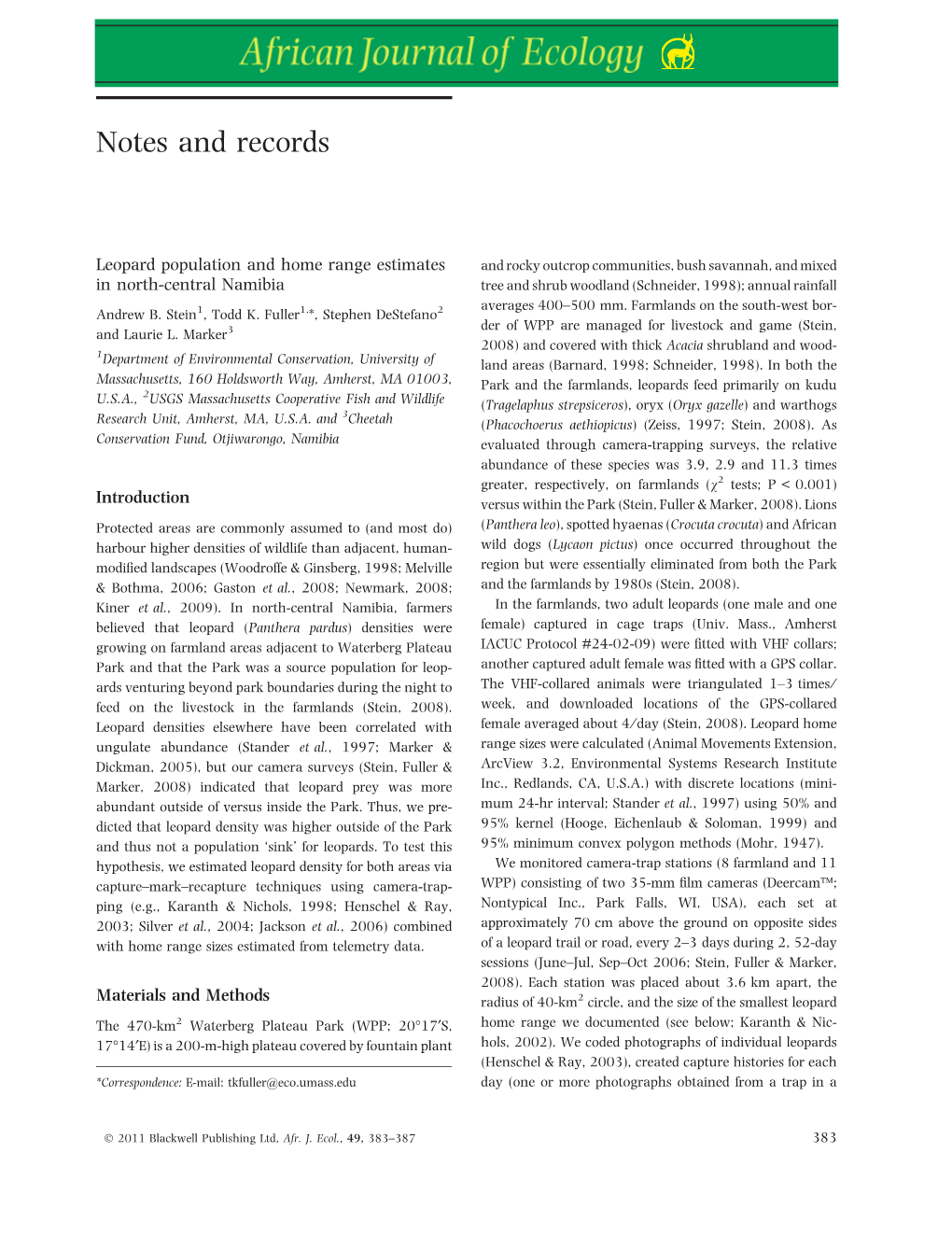 Leopard Population and Home Range Estimates in Northcentral Namibia