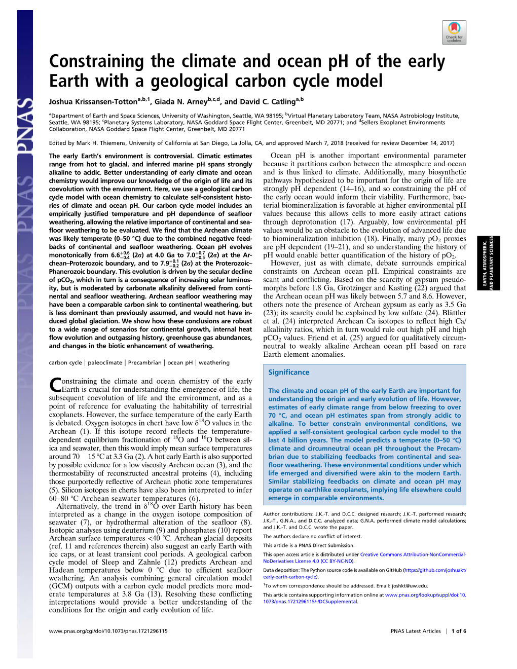 Constraining the Climate and Ocean Ph of the Early Earth with a Geological Carbon Cycle Model Joshua Krissansen-Tottona,B,1, Giada N