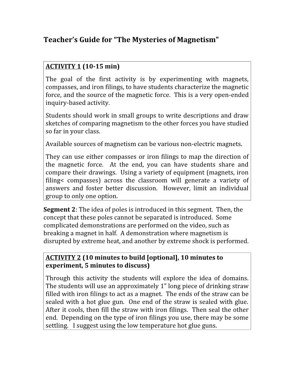 Teacher S Guide for the Mysteries of Magnetism