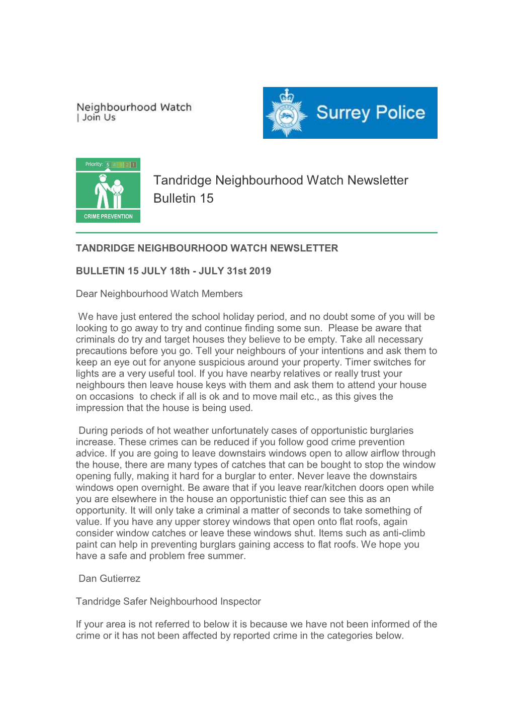 Tandridge Neighbourhood Watch Newsletter Bulletin 15