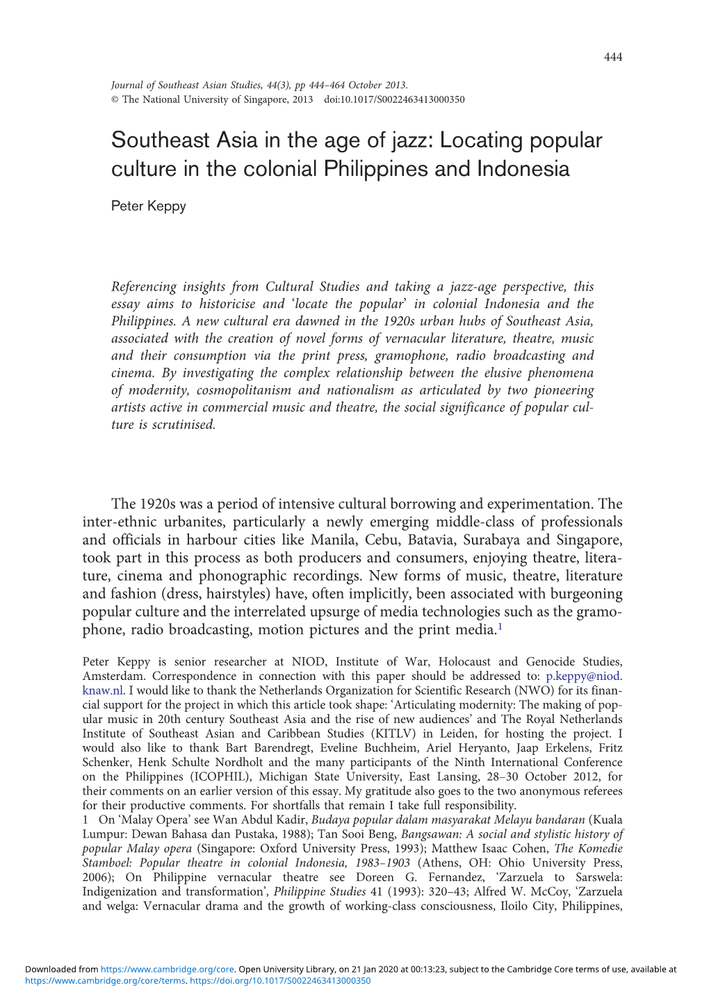 Southeast Asia in the Age of Jazz: Locating Popular Culture in the Colonial Philippines and Indonesia