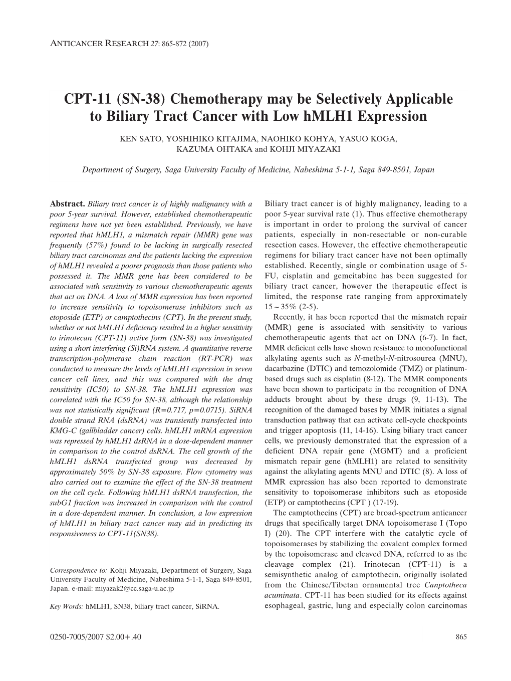 CPT-11 (SN-38) Chemotherapy May Be Selectively Applicable to Biliary Tract Cancer with Low Hmlh1 Expression