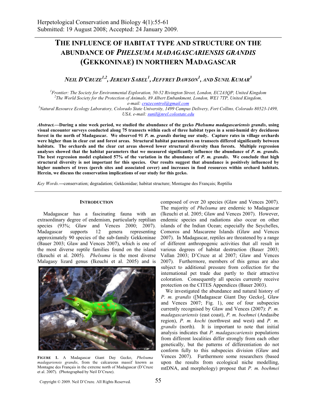 The Influence of Habitat Type and Structure on the Abundance of Phelsuma Madagascariensis Grandis (Gekkoninae) in Northern Madagascar