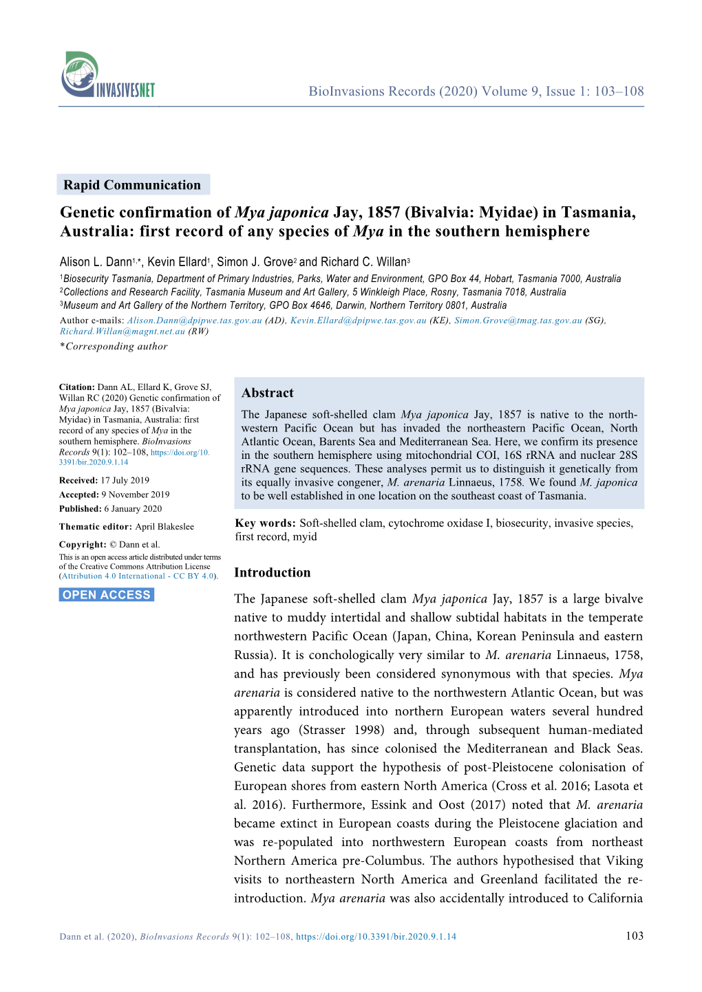 Genetic Confirmation of Mya Japonica Jay, 1857 (Bivalvia: Myidae) in Tasmania, Australia: First Record of Any Species of Mya in the Southern Hemisphere