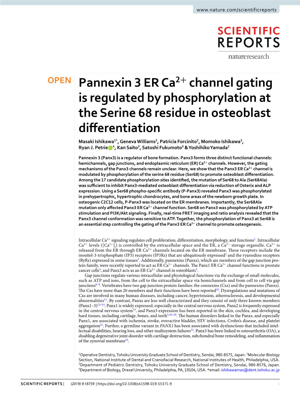 Pannexin 3 ER Ca2+ Channel Gating Is Regulated by Phosphorylation At