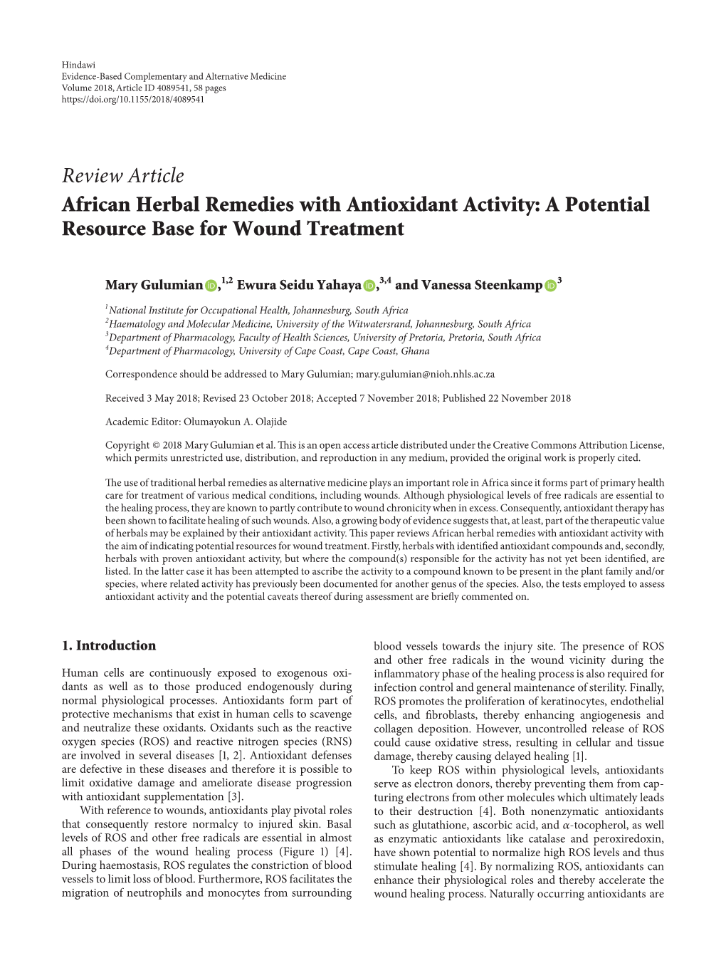 Review Article African Herbal Remedies with Antioxidant Activity: a Potential Resource Base for Wound Treatment