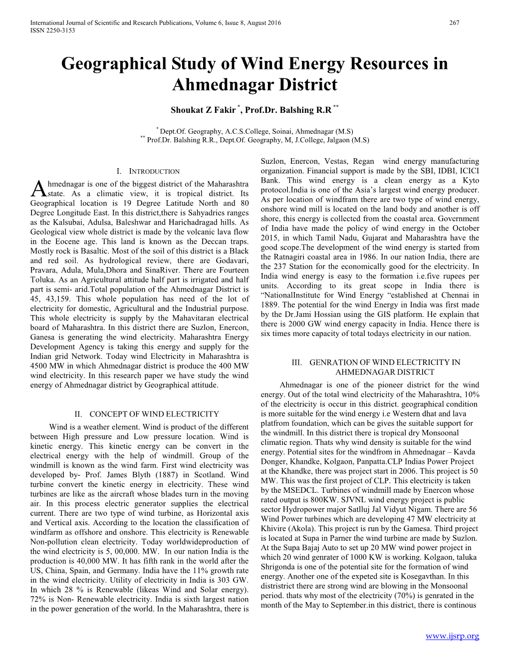 Geographical Study of Wind Energy Resources in Ahmednagar District